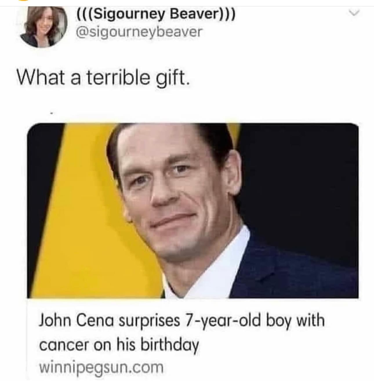 john cena surprises 7 year old boy with cancer for his birthday, what a terrible gift