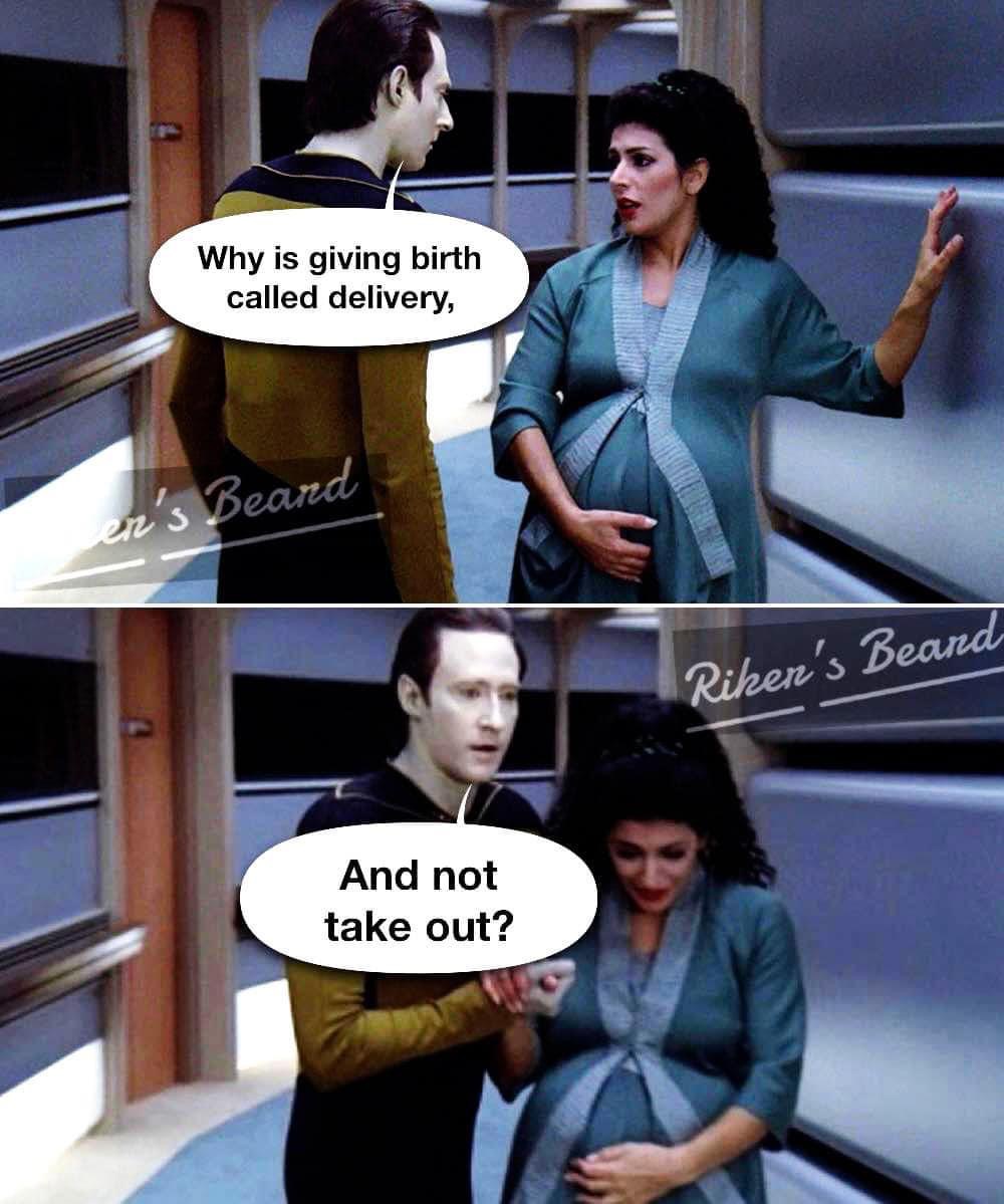 why is giving birth called delivery, and not take out, star trek meme, data