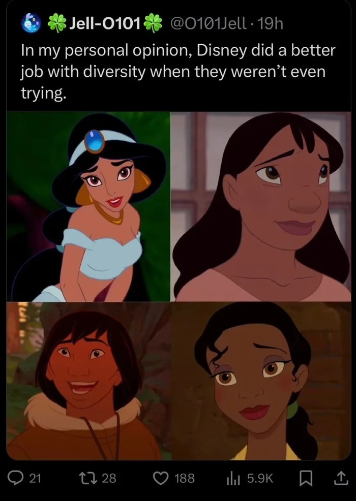 in my personal opinion, disney did a better job with diversity when they weren't even trying