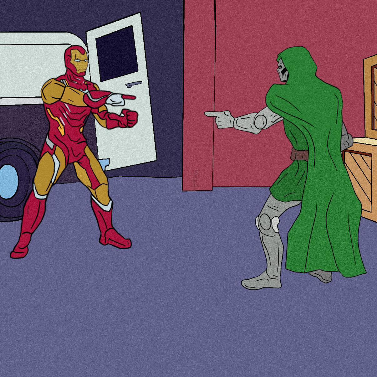 iron man pointing at doctor doom, rdj