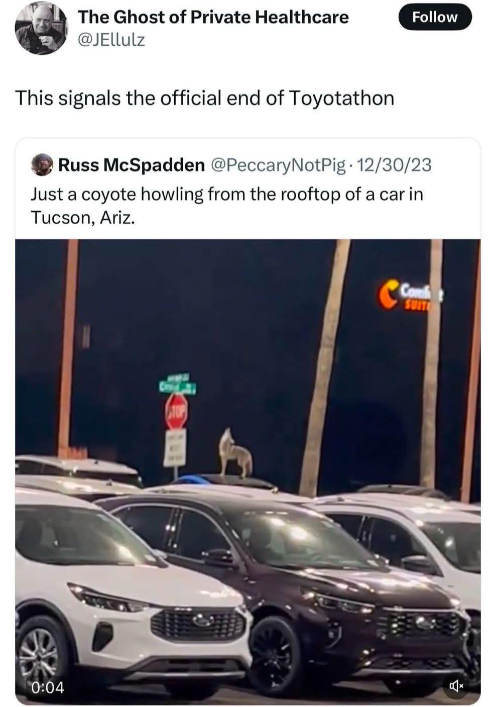 this signals the official end of toyotathon, just a coyote howling from the rooftop of a car tucson, ariz