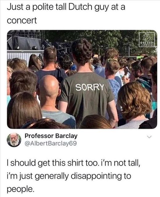 just a polite tall dutch guy at a concert, i should get this shirt too, i'm not tall, i'm just generally disappointing to people