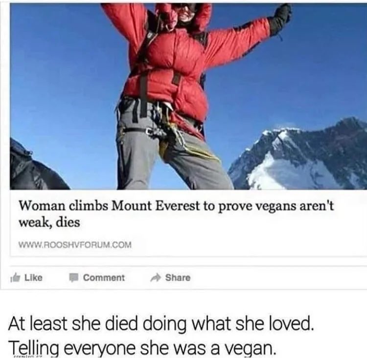 woman climbs mount everest to prove vegans aren't weak, dies, at least she died doing what she loved, telling everyone she was vegan