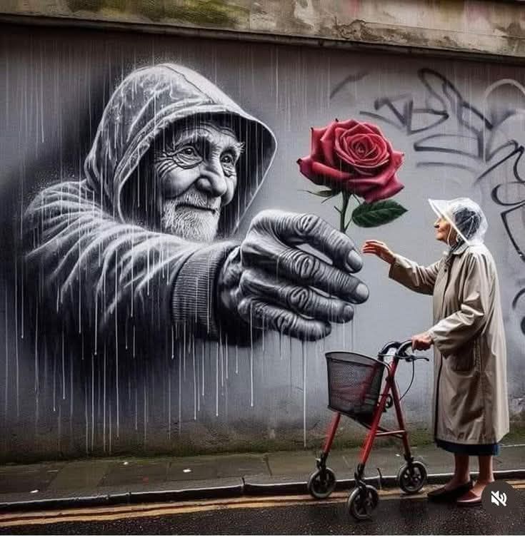 old man handing you a rose, banksy art fans