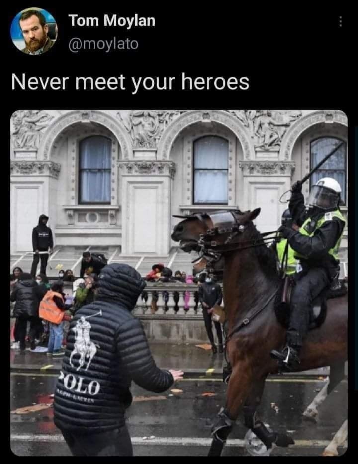 never meet your heroes, police office on horse with a club looks like the polo horse logo, meme