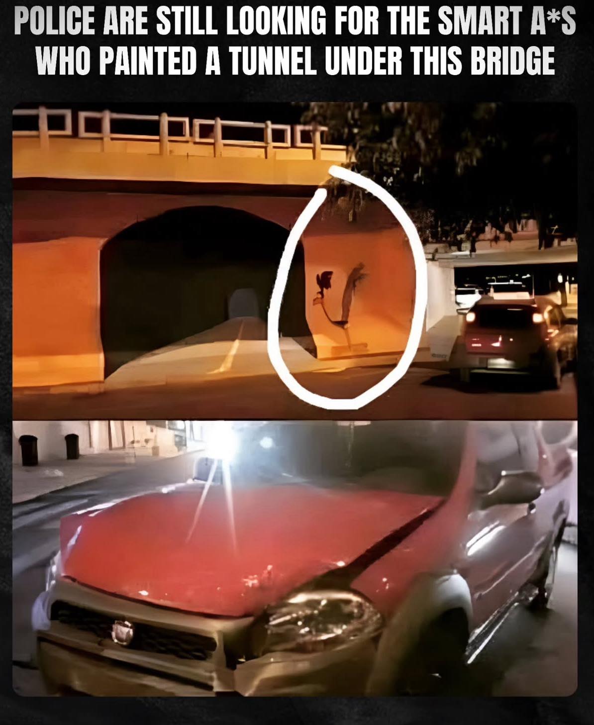 police are still looking for the smart ass who painted a tunnel under this bridge