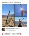 man find cool stick, man happy