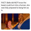 fact, belle did not know the beast could turn into a human, she was fully prepared to bang him as is