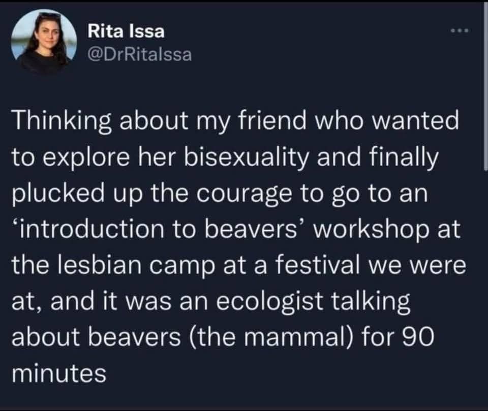 thinking about my friend who wanted to explore her bisexuality and plucked up the courage to go to an 'introduction to beavers' workshop at the lesbian camp, it was an ecologist talking about beavers (the mammal) for 90 minutes