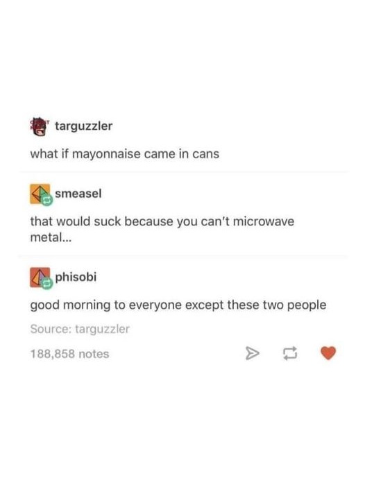 what if mayonnaise came in cans, that would suck because you can't microwave metal, good morning to everyone except these two people