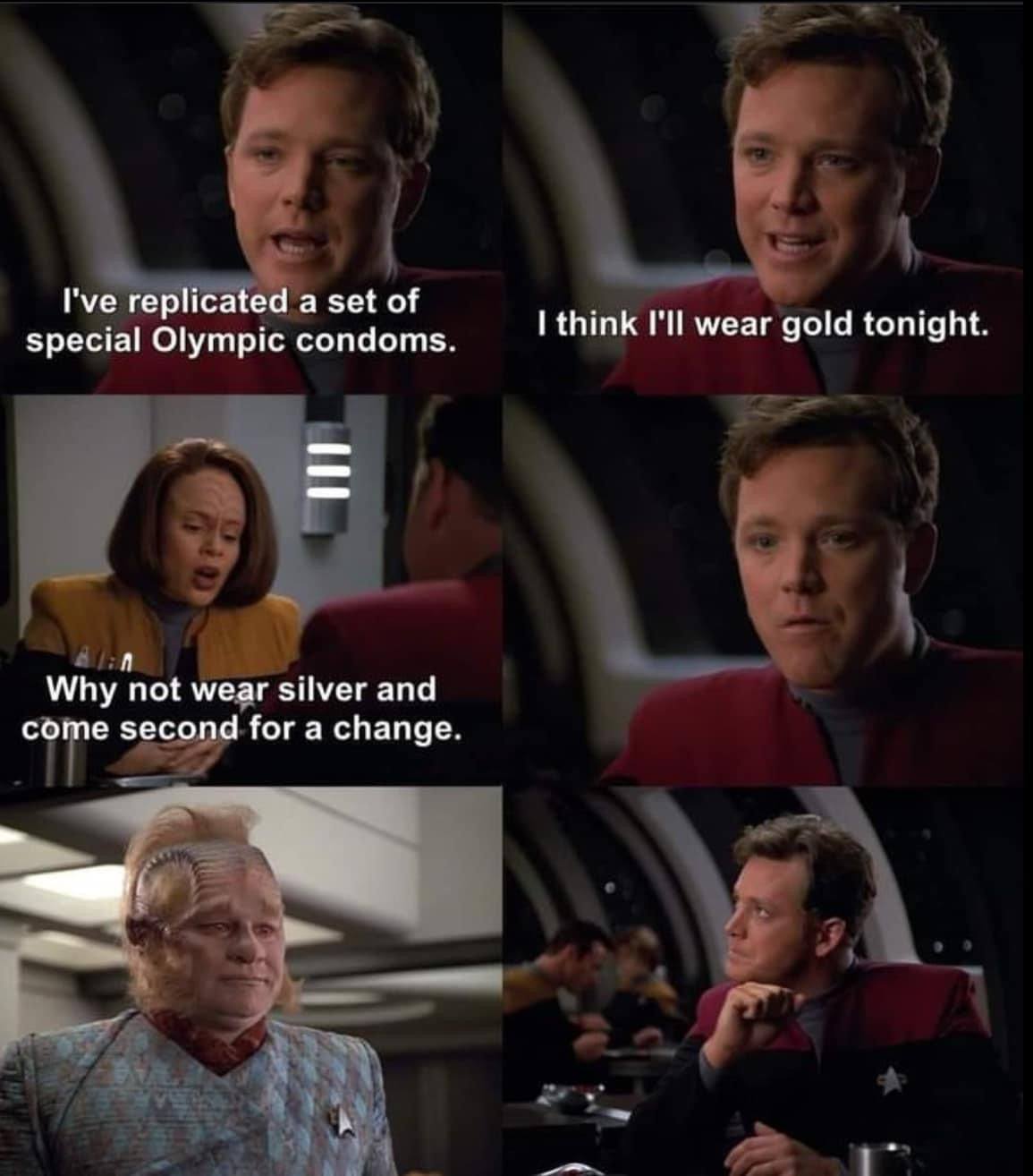 i've replicated a set of special olympic condoms, i think i'll wear gold tonight, why not wear silver and come second for a change, star trek voyager, burn, lol